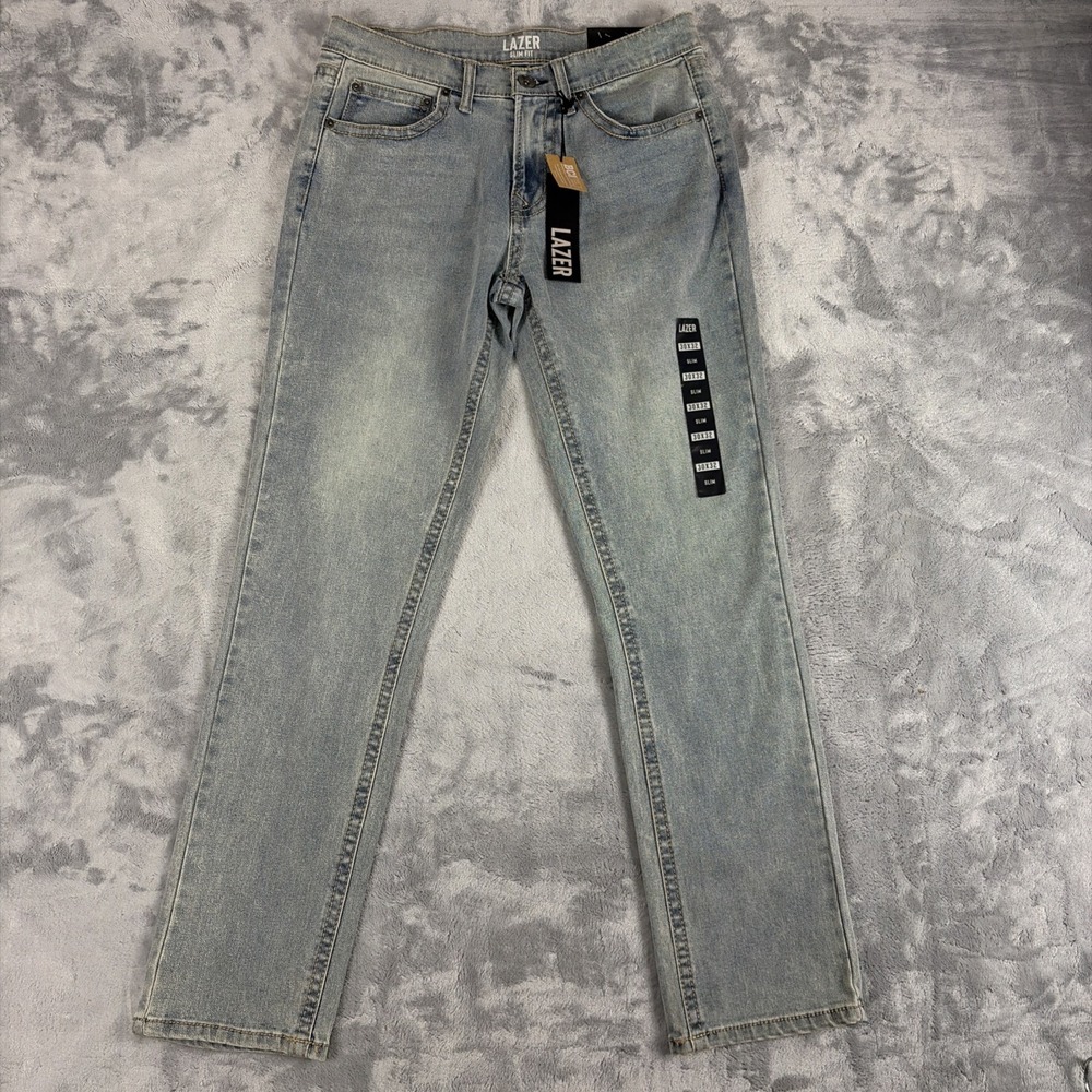Lazer Mens Light Wash Blue Slim Fit Jeans Size 30x32 Embroidered Pockets NWT